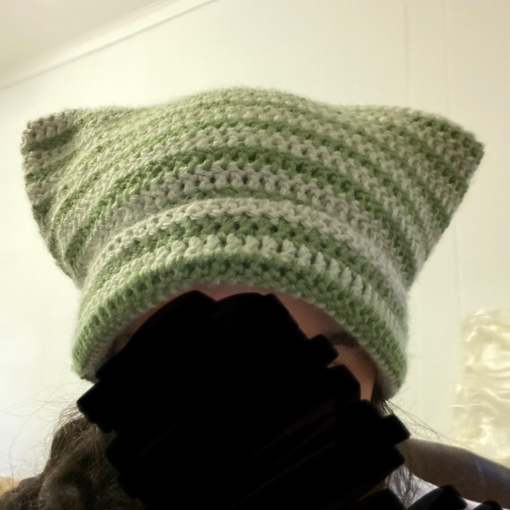 Green striped crochet cat hat beanie